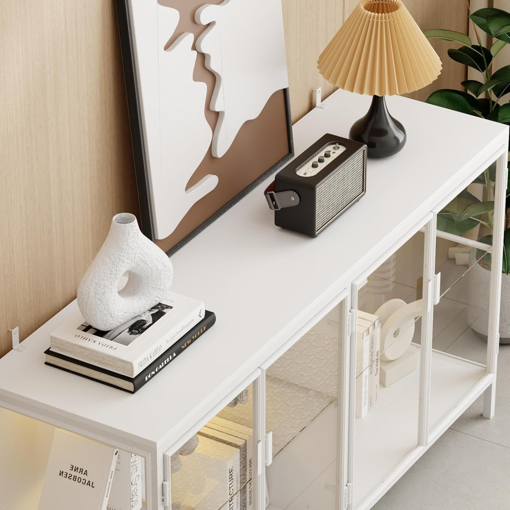 FUFU&GAGA Sideboard Buffet with LED Lights, Glass Doors, Modern Display Cabinet with Glass Shelves, White Cupboard Credenza with Metal Leg, for Living Room Kitchen, 55.1”W x 15.7”D x 29.5”H