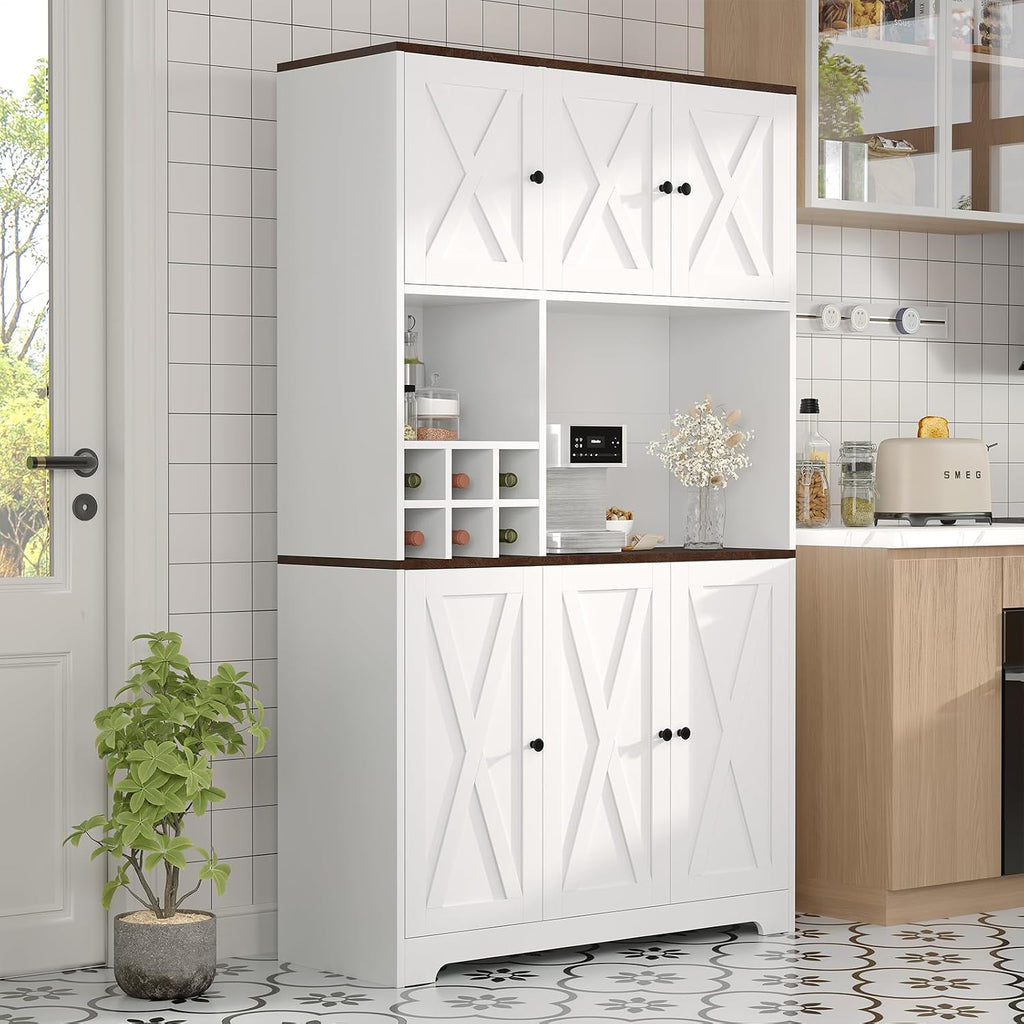 71" Tall Freestanding Farmhouse Pantry Cabinet with Wine Rack, Coffee Bar, Microwave Stand, Adjustable Shelves, Charging Station – Kitchen Hutch for Dining Room or Home Bar Storage Cabinet