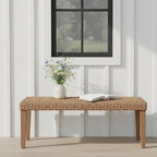 Outdoor Backless Bench, All-Weather Wicker & Solid Acacia Wood, Premium Garden Bench with Woven Rattan Seat and Thick Outdoor Cushion for Patio, Porch, Living Room or Entryway (Natural, PE Wicker).