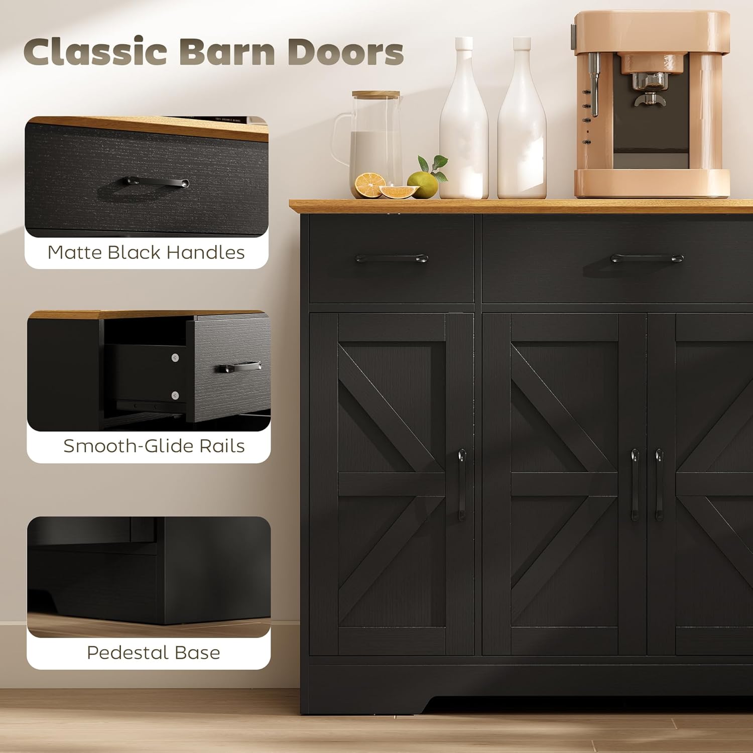 HOMCOM 47" Sideboard Buffet Cabinet, Farmhouse Credenza with Soft-Close Hinges, Coffee Bar Cabinet with Spice Racks, 3 Drawers and 3 Adjustable Shelves, Black