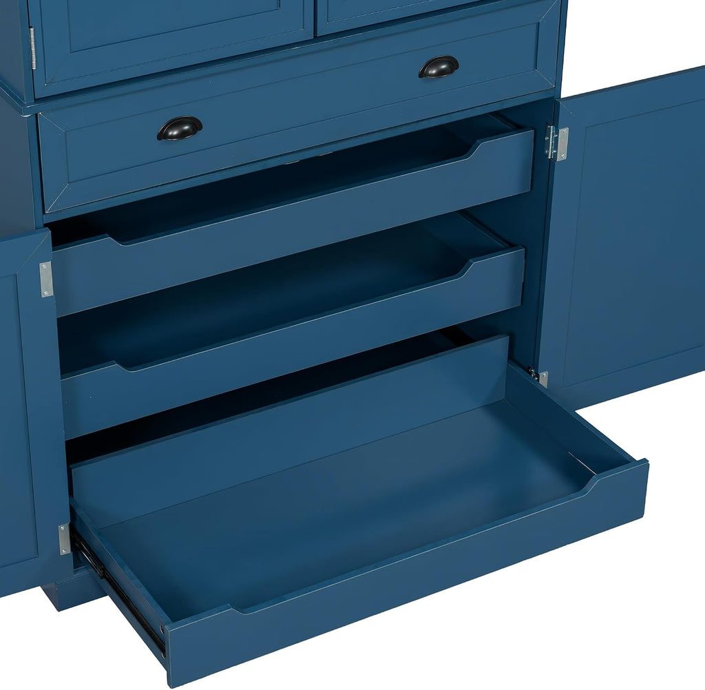 VilroCaz Freestanding 4 Doors Kitchen Pantry, Wood Kitchen Cupboard Storage Cabinet with 6 Door Shelves, Drawer and 3 Pull-Out Trays for Dining Room (Blue-4.14)