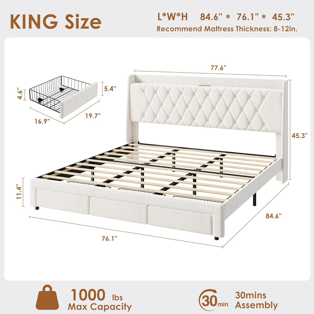 Garvee King Size Bed Frame with Storage, Velvet Upholstered Platform Bed Frame with Crystal Tufted Headboard, Charging Station, 3 Drawers, No Box Spring Needed, Noise-Free,for Bedroom, Ivory