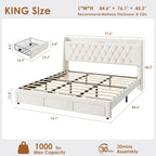 Garvee King Size Bed Frame with Storage, Velvet Upholstered Platform Bed Frame with Crystal Tufted Headboard, Charging Station, 3 Drawers, No Box Spring Needed, Noise-Free,for Bedroom, Ivory