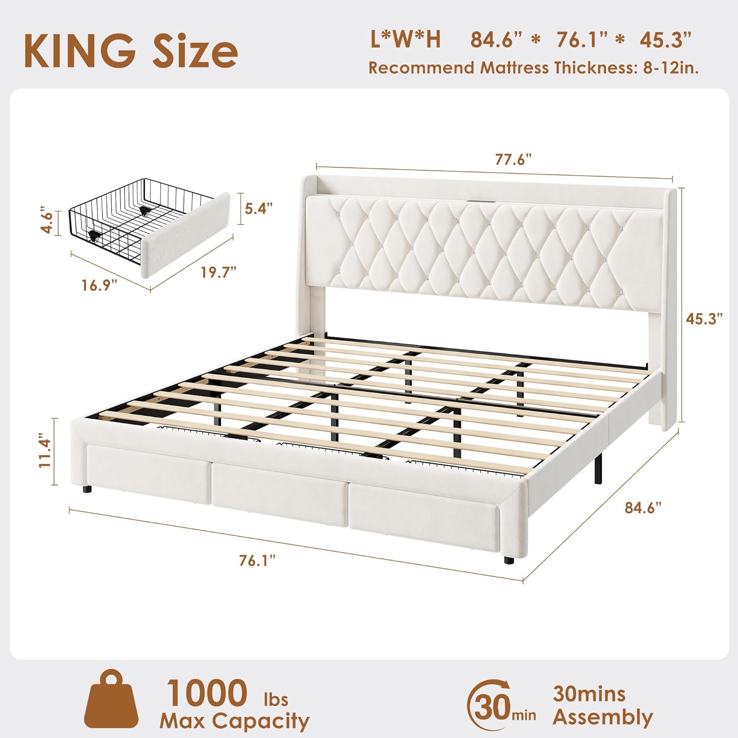 Garvee King Size Bed Frame with Storage, Velvet Upholstered Platform Bed Frame with Crystal Tufted Headboard, Charging Station, 3 Drawers, No Box Spring Needed, Noise-Free,for Bedroom, Ivory