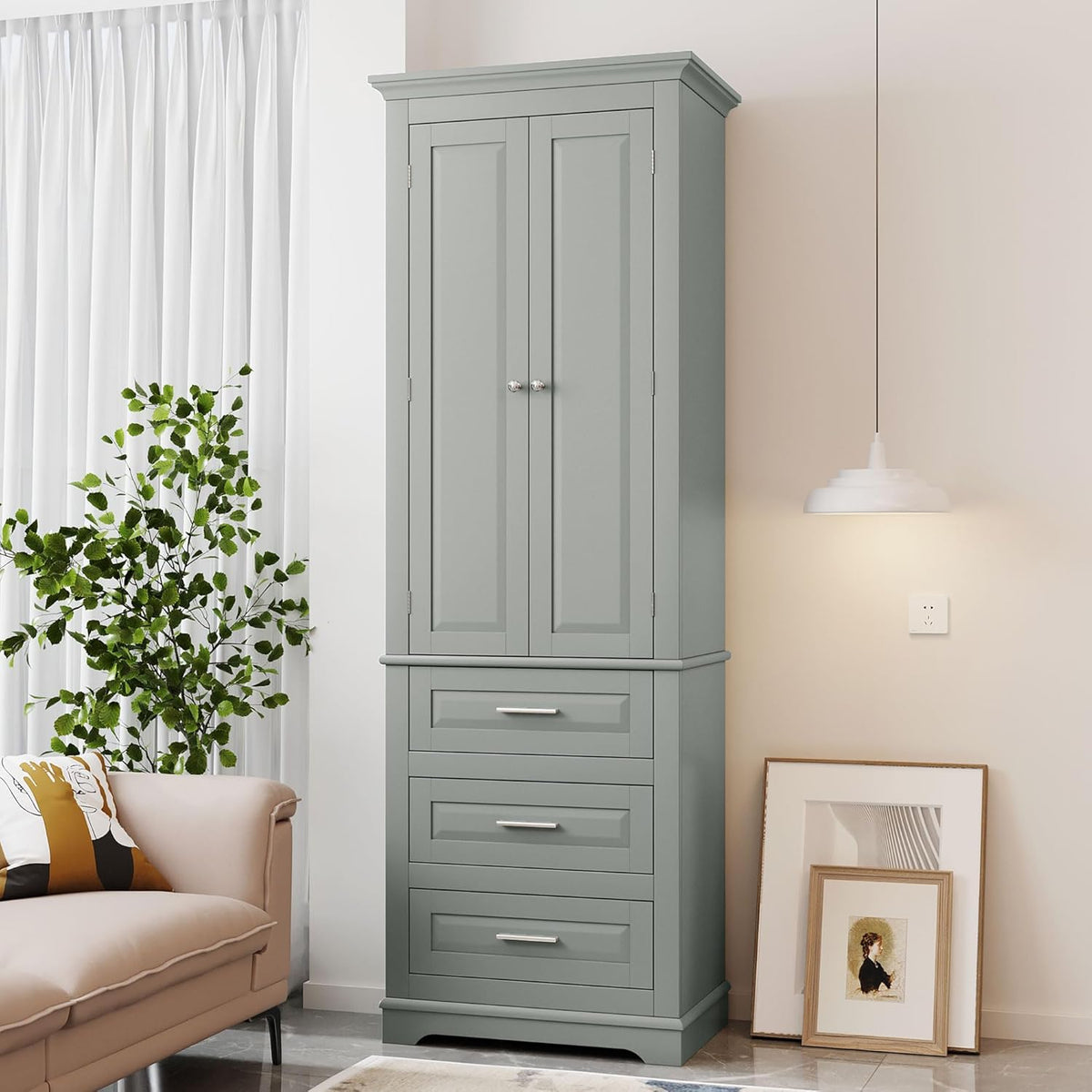 Merax 70" Pantry Cabinet with Two Doors & Three Drawer, Adjustable Shelves Storage Cupboard for Kitchen/Dining Room/Bathroom, Gray