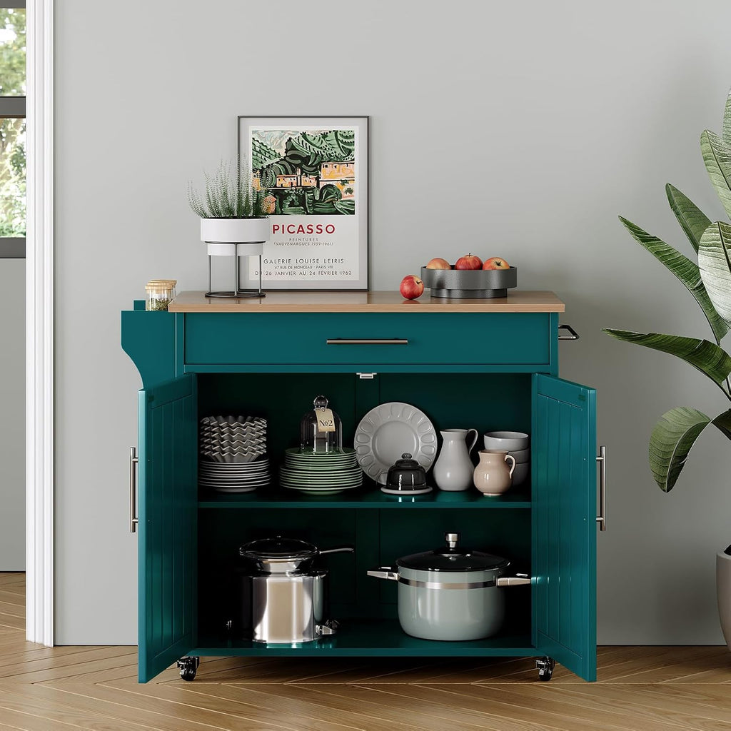 Kitchen Storage Island, Wooden Rolling Island On Wheels with Wood Top, Mobile Kitchen Island Cart with Towel Rack, Spice Rack and Drawers, Green