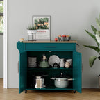 Kitchen Storage Island, Wooden Rolling Island On Wheels with Wood Top, Mobile Kitchen Island Cart with Towel Rack, Spice Rack and Drawers, Green