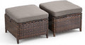 Patio Wicker Ottomans Set of 2, All Weather Outdoor Rattan Ottoman Seat, 2 Pieces Outdoor Patio Ottomans, Outdoor Footstool Footrest Seat, Brown Wicker Grey Cushions