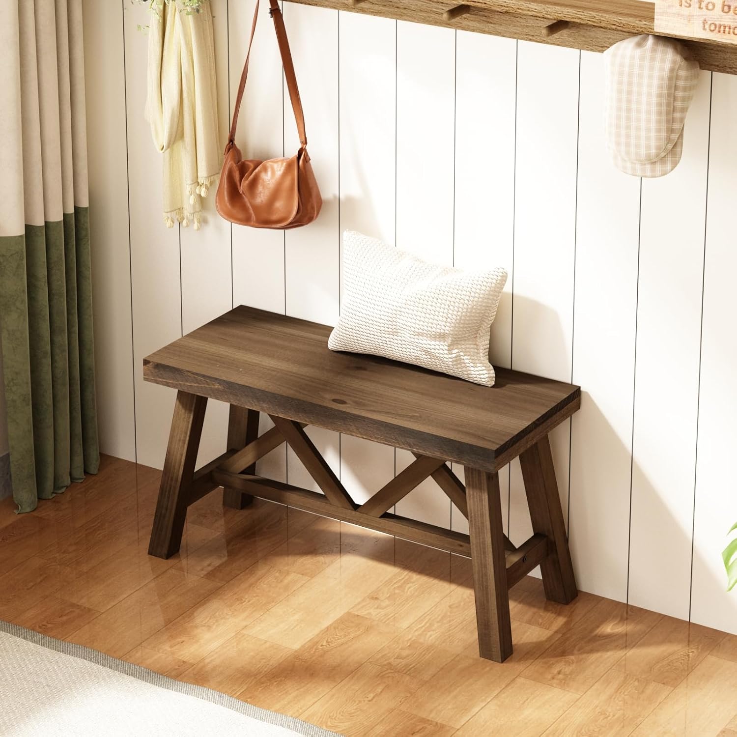 Wnutrees 30" Farmhouse Wood Bench, Rustic Solid Wood Entryway Bench Seat with Double X-Structure for Dining Area Living Room Hallway, Structural Stability, Natural