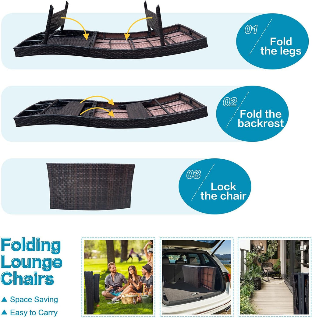 Set of Foldable Long Reclining Patio Seating Chairs, 2 Folding Chairs Patio Chaise Lounge, Outdoor Wicker Lounge Chaise, Rattan Chaise Lounge Lawn Sunbathing Recliner Beach Pool Backrest Recliners