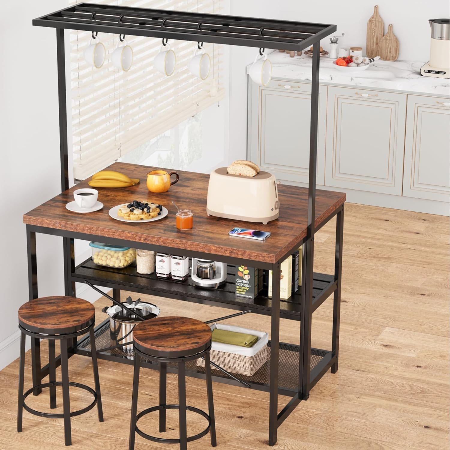IDEALHOUSE 42" Kitchen Island with Storage & Seating - 3-Tier Bakers Rack, Microwave Stand with 5 Hooks, Multi-Function Island Table for Kitchens (42"×28"×72")