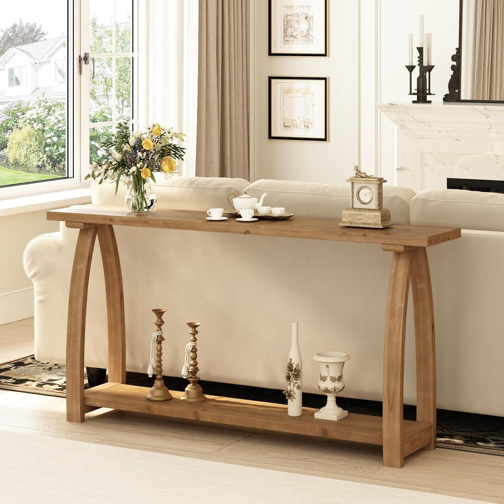 HOKYHOKY Solid Wood Console Table, 63" Long Farmhouse Entryway Tables Narrow Behind Couch Table with A-Shaped Curved Legs, Rustic Skinny Sofa Tables for Living Room, Hallway or Foyer