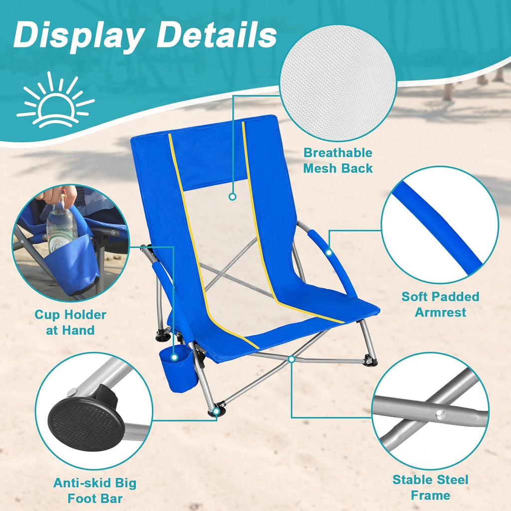 Romswi 2 Pack Lightweight Low Beach Chairs with Breathable Mesh Back, 6LBS Folding Portable Sand Chairs with Cup Holder, Heavy Duty 300lbs Capacity for Camping & Outdoor Use, Blue