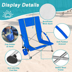 Romswi 2 Pack Lightweight Low Beach Chairs with Breathable Mesh Back, 6LBS Folding Portable Sand Chairs with Cup Holder, Heavy Duty 300lbs Capacity for Camping & Outdoor Use, Blue