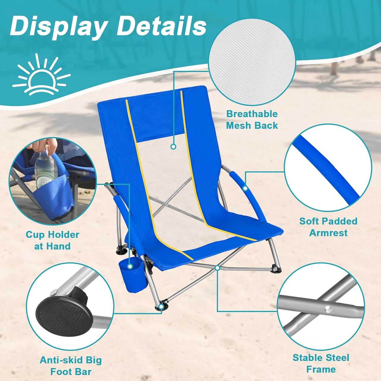 Romswi 2 Pack Lightweight Low Beach Chairs with Breathable Mesh Back, 6LBS Folding Portable Sand Chairs with Cup Holder, Heavy Duty 300lbs Capacity for Camping & Outdoor Use, Blue