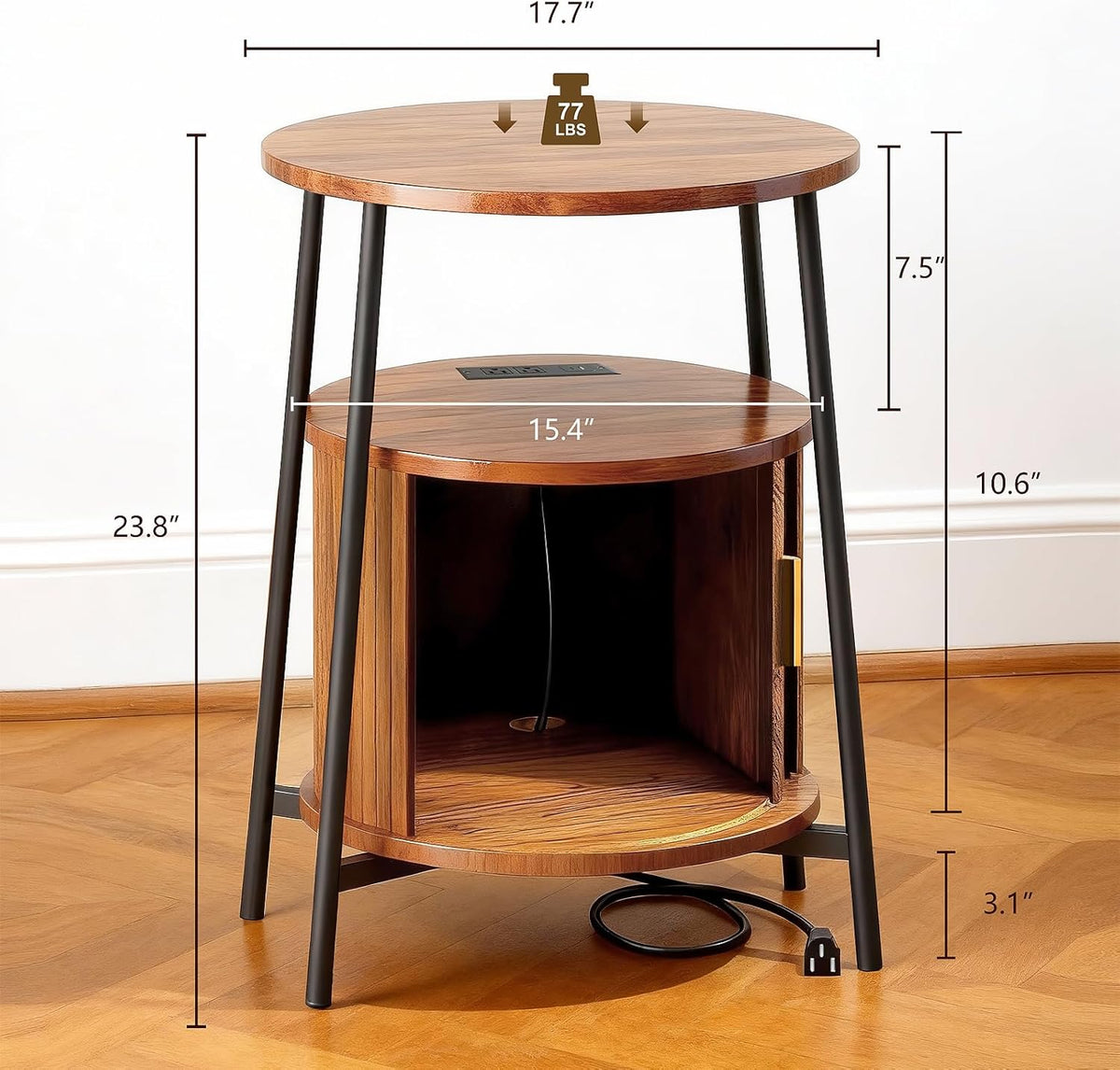 DHH Round End Tables with Charging Station, Fluted Accent Side Table with Sliding Door, Mid-Century Modern Nightstand for Small Space Storage, Living Room, Bedroom,Sofa Couch(Yellow)