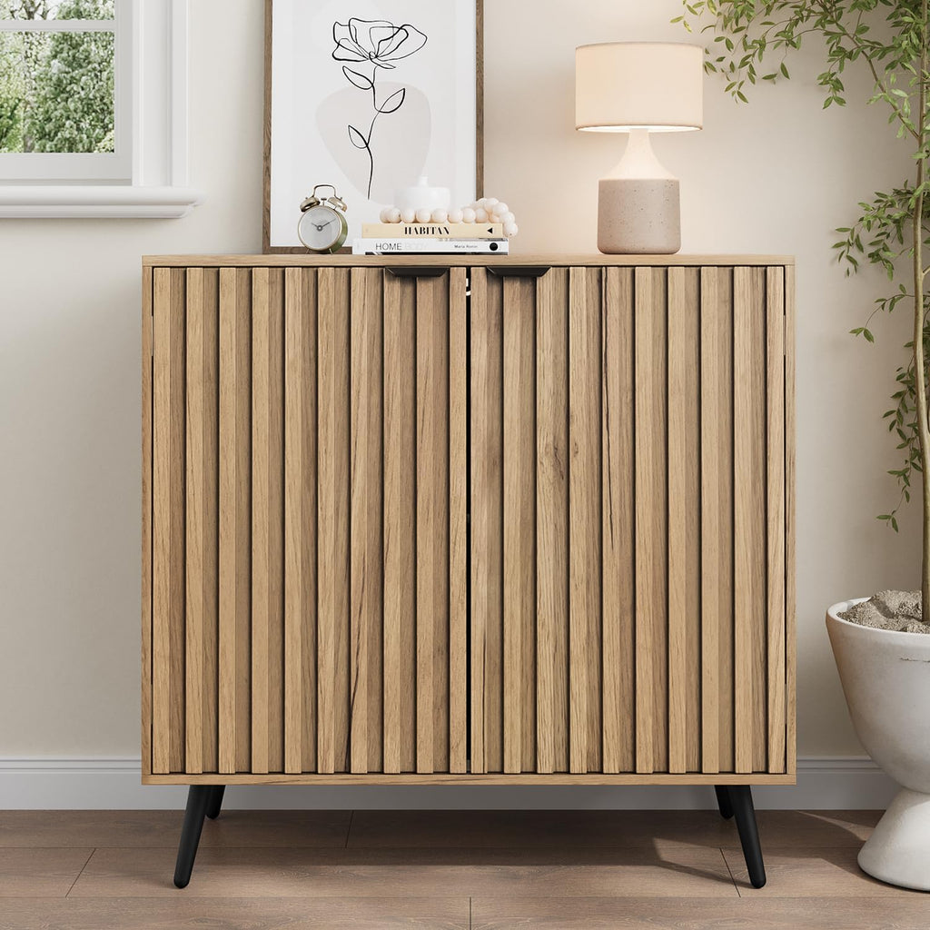 Smuxee Fluted Sideboard Cabinet, Freestanding Natural Buffet Cabinet with Adjustable Shelf, Wood Storage Cabinet for Living Room, Entryway, Hallway