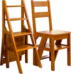 4 Tier Folding Step Ladder, 3-in-1 Wooden Folding Ladder Chair, Portable Multi-Function Step Stool, 198 lbs Capacity Indoor and Outdoor Display Rack Flower Rack,for Library,Home,Kitchen (Light Walnut)
