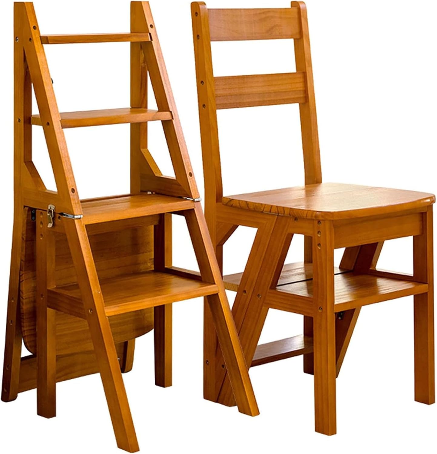 4 Tier Folding Step Ladder, 3-in-1 Wooden Folding Ladder Chair, Portable Multi-Function Step Stool, 198 lbs Capacity Indoor and Outdoor Display Rack Flower Rack,for Library,Home,Kitchen (Light Walnut)