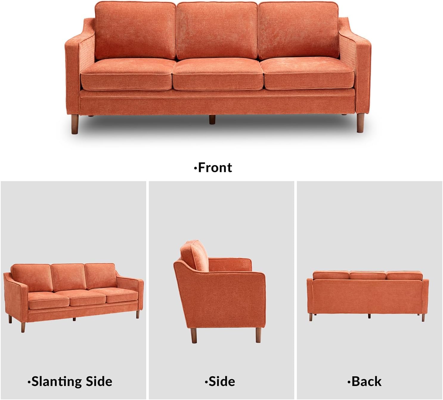 Kingfun 80" Chenille Sofa, 3 Seater Couch, Mid Century Modern Couches with Solid Wood Legs for Living Room & Bedroom, Orange