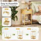 Bamboo Nightstand, Boho Side Table with Drawer and Open Shelf, 3 Tier End Table, Bedside Table, Accent Table, Small Dresser for Bedroom, Dorm and Small Spaces, Natural