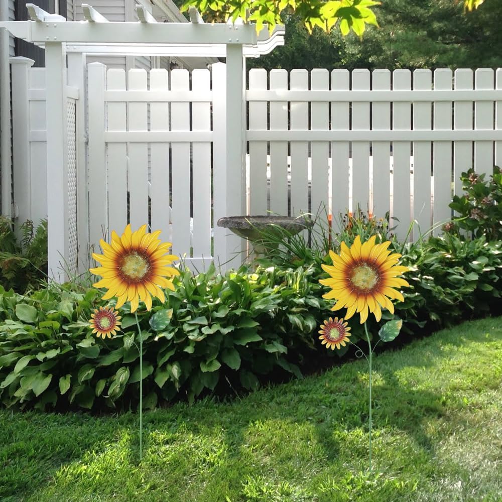 hogardeck Metal Sunflowers Decorative Garden Stakes, 2 Pack 33" Outdoor Garden Decor with Shaking Head Sunflowers Ornament Yard Stakes, Spring Yard Art Fairy Decorations for Patio Lawn