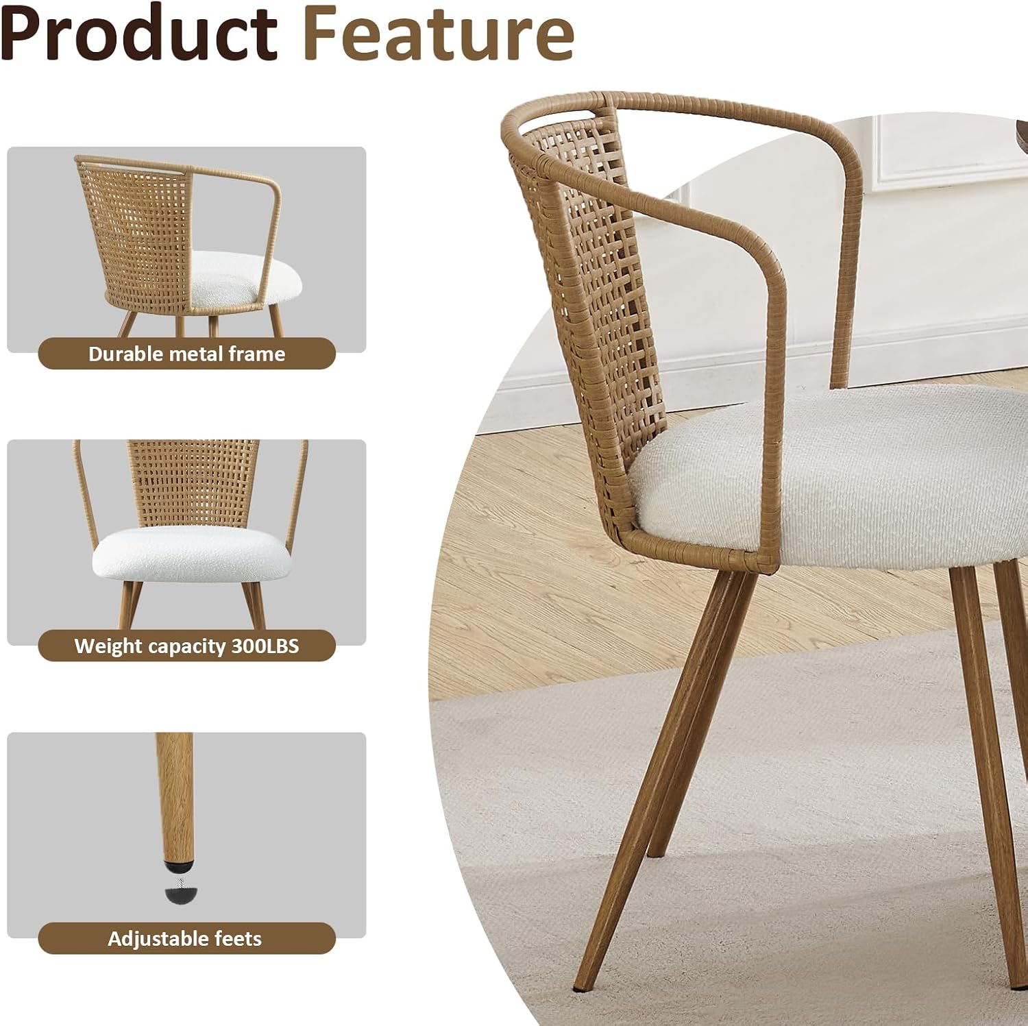 Rattan Dining Chairs,Upholstered Boucle Cushion with PE Cane Wing Back Kitchen Chair,Modern Dining Room Chair with Wood Metal Legs for Kitchen,Beige White Set of 4