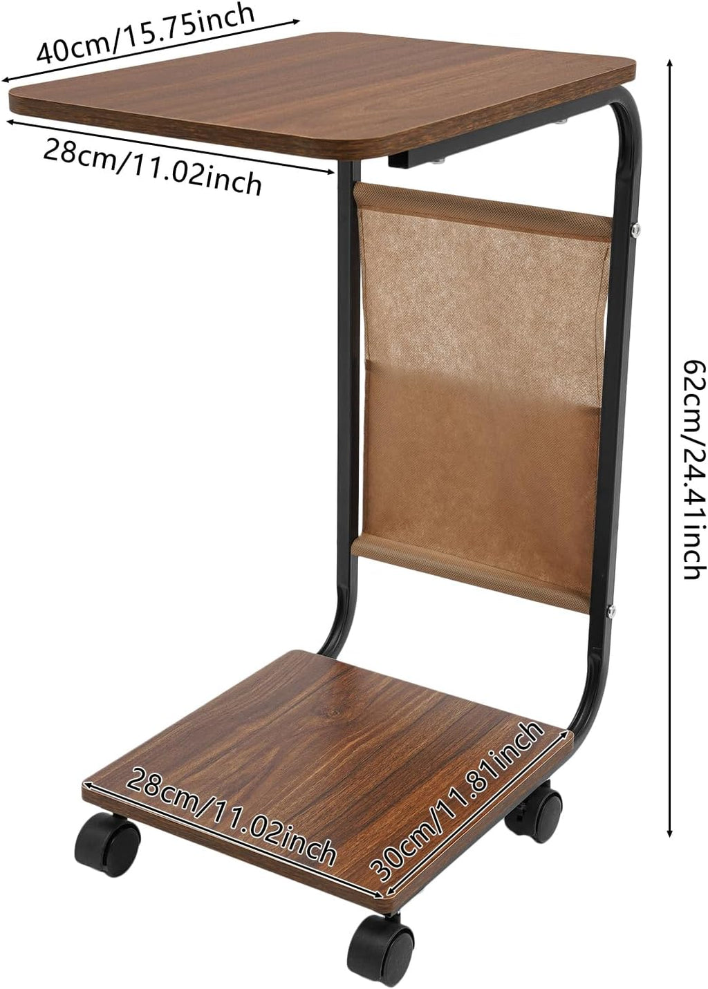 Rolling Side Table, C Shaped Side Table Wooden Couch Side Table with Wheels&Mobile Storage Basket Modern Couch Tables That Slide Under for Living Room Bedroom (Black Stand + Brown Desktop)