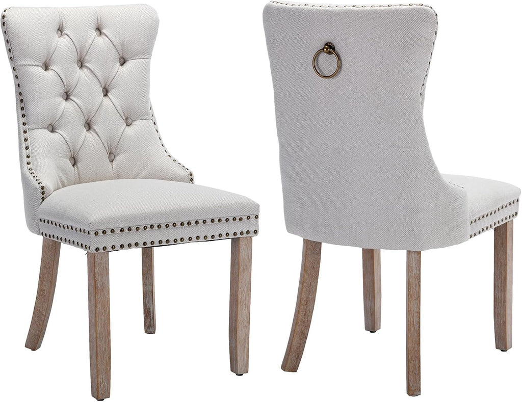 Linen Dining Chairs Set of 2, Tufted Upholstered High Wingback Chairs with Nailhead Trim & Pull Ring, Solid Wood Legs in Weathered Finish for Dining Room, Sillas de Comedor, Beige