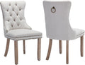 Linen Dining Chairs Set of 2, Tufted Upholstered High Wingback Chairs with Nailhead Trim & Pull Ring, Solid Wood Legs in Weathered Finish for Dining Room, Sillas de Comedor, Beige
