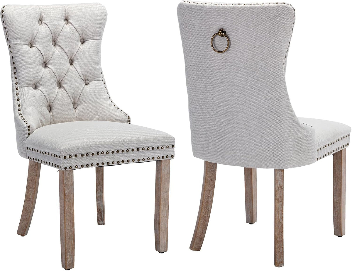 Linen Dining Chairs Set of 2, Tufted Upholstered High Wingback Chairs with Nailhead Trim & Pull Ring, Solid Wood Legs in Weathered Finish for Dining Room, Sillas de Comedor, Beige