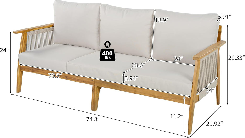 Christopher Knight Home Outdoor 3 Seater Patio Sofa with Acacia Wood Frame and Rope Weave Design, Cushioned Garden Couch with Removable Covers for Patio Deck Balcony, Teak and Beige