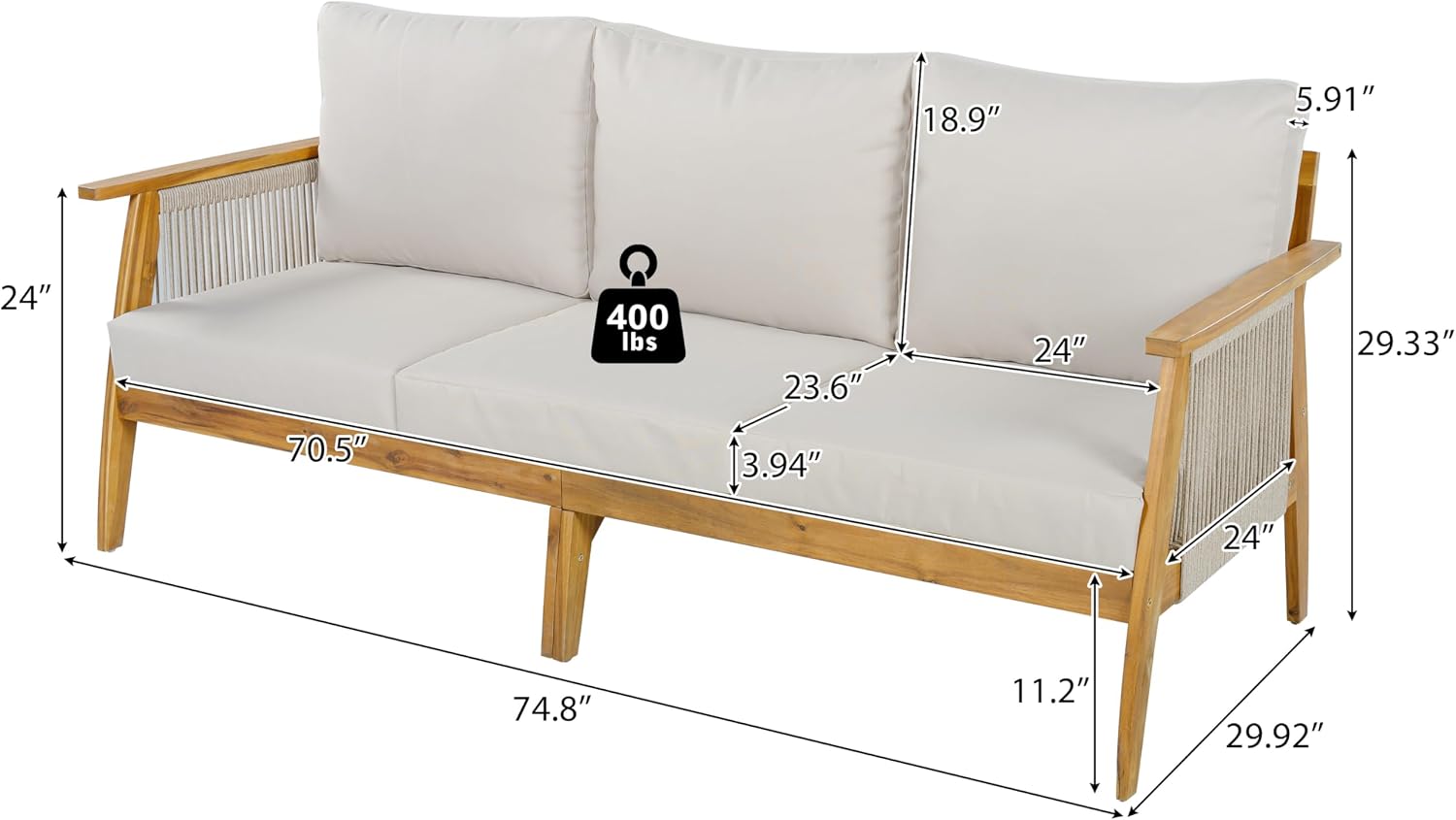 Christopher Knight Home Outdoor 3 Seater Patio Sofa with Acacia Wood Frame and Rope Weave Design, Cushioned Garden Couch with Removable Covers for Patio Deck Balcony, Teak and Beige