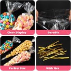 50pcs Clear Cone Cellophane Bags, Cello Cone-Shaped Treat Bags with Twist Ties, Plastic Triangle Bags for Popcorn and Candy Favors