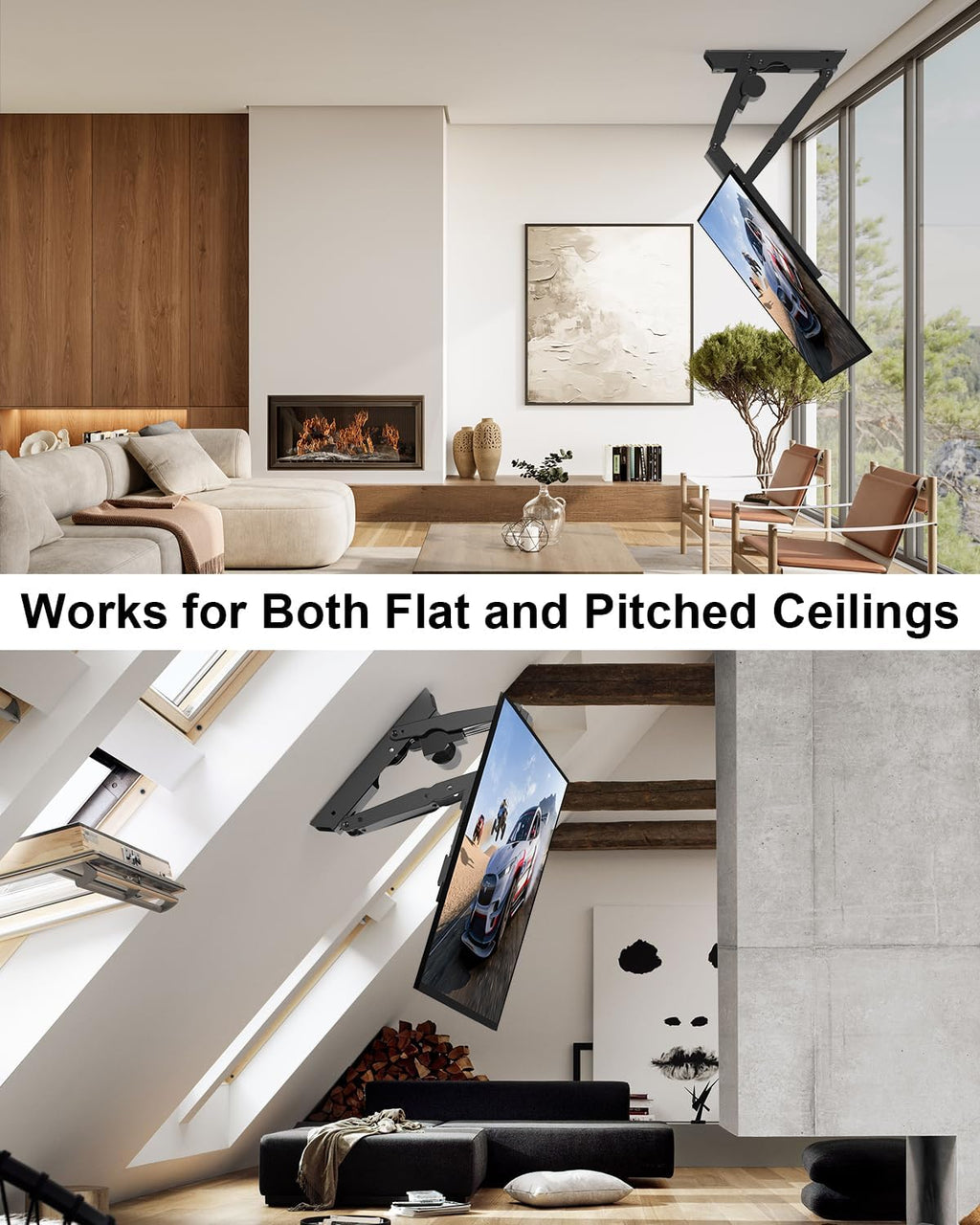 Electric Ceiling TV Mount with Remote for 23-55 inch Flat Curved Screen TVs | Motorized Flip Down Ceiling Mount for Flat and Pitched Roof Indoor Outdoor, Drop Down VESA Mount Bracket, Black