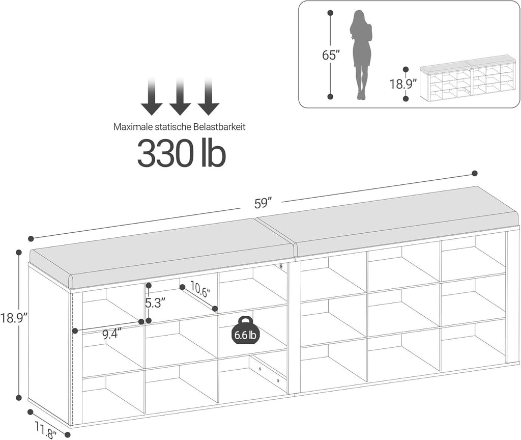 Hzuaneri Shoe Storage Bench with Cushion, Entryway Storage Bench with 18 Cubbies, 9.5" Widened Organizer Cabinet, Long Cubby Rack for Living Room, Bedroom, Entryway, White and Brown SB25714KA