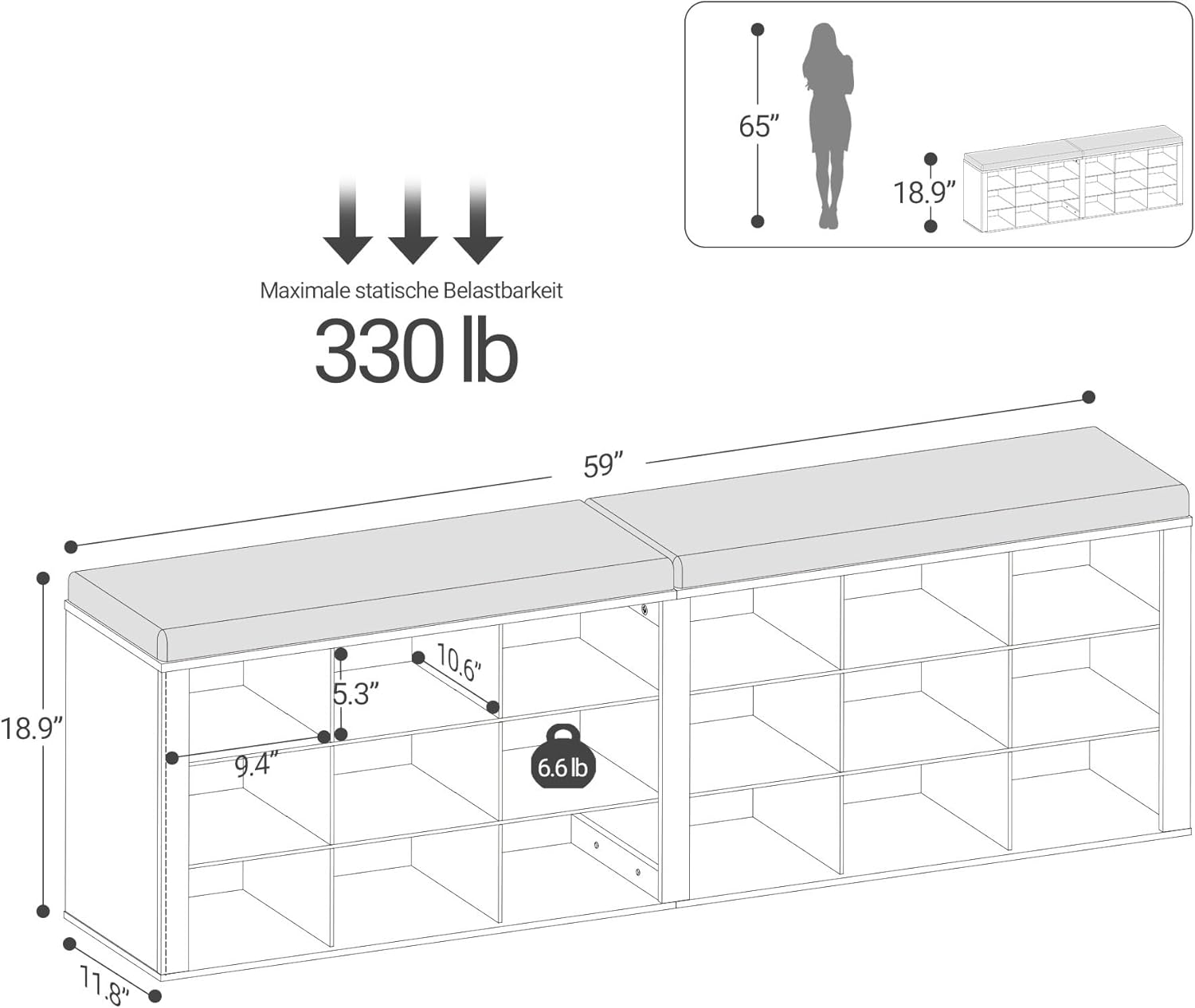 Hzuaneri Shoe Storage Bench with Cushion, Entryway Storage Bench with 18 Cubbies, 9.5" Widened Organizer Cabinet, Long Cubby Rack for Living Room, Bedroom, Entryway, White and Brown SB25714KA