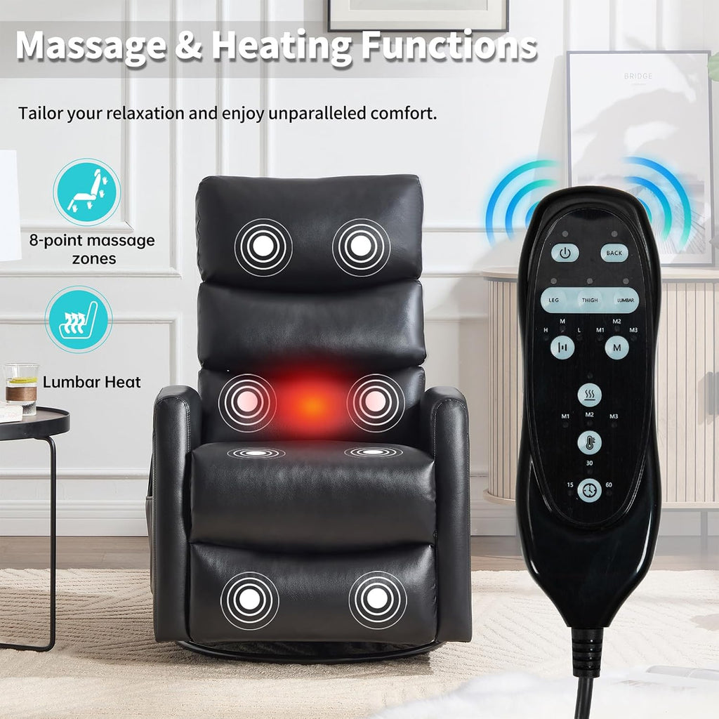 Rocker Recliner Chairs, 360° Swivel Rocking Recliner Chair for Adults,Glider Rocker Recliners, Small Recliners with Vibration Massage and Heat for Living Room (Black)