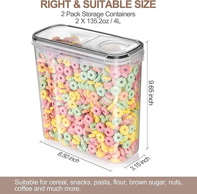 Tiawudi 2 Pk Airtight Cereal Containers Storage Set 135.2oz/4L Each,Food Storage Containers, Large Cereal Dispenser, Kitchen Pantry Organization Containers, with Labels and Measuring Spoons