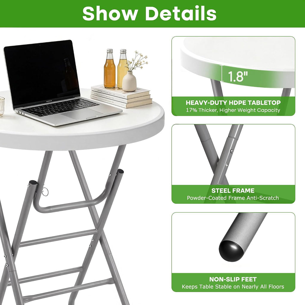 VECELO 28" Round Cocktail Table, Folding Bar Height Table with Removable Legs, 43.3" Tall Portable Plastic Bistro High Top for Indoor Outdoor Wedding Events, Patio, Backyard, Home Parties, White