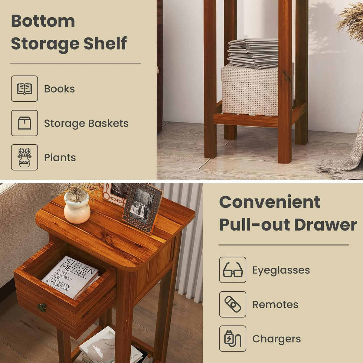 Giantex Narrow End Table with Drawer Set of 2, Tall Acacia Wood Side Table with Bottom Shelf, Modern Bedside Tables, 2-Tier Nightstand for Small Spaces Bedroom Living Room, No Assemble Required, Brown