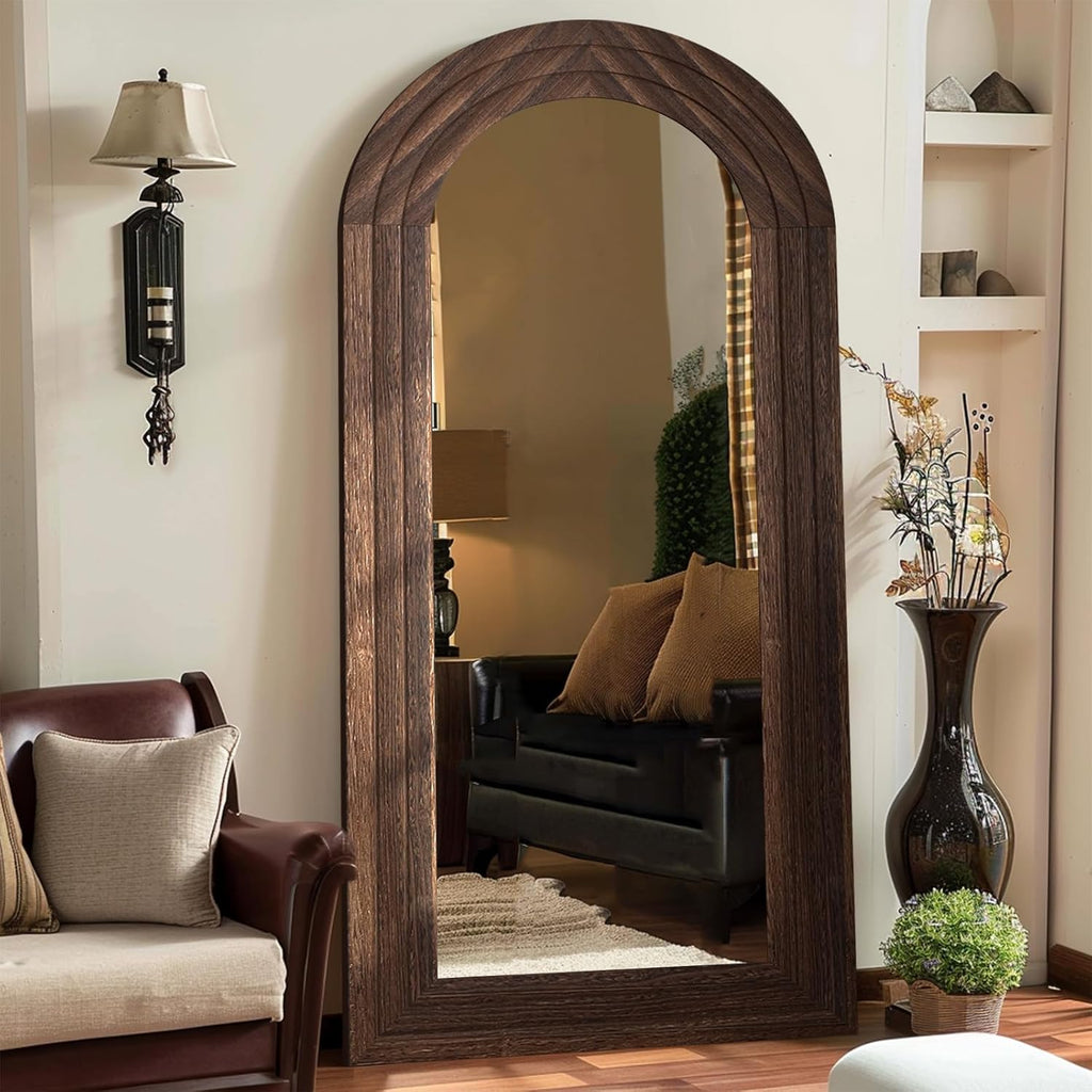 ZHUNFA Arched Full Length Mirror with Solid Wood Frame | 71x32 Farmhouse Wall Mounted Floor Mirror with Stand, Vertical Hanging, Leaning Standing for Bedroom, Living Room, Brown