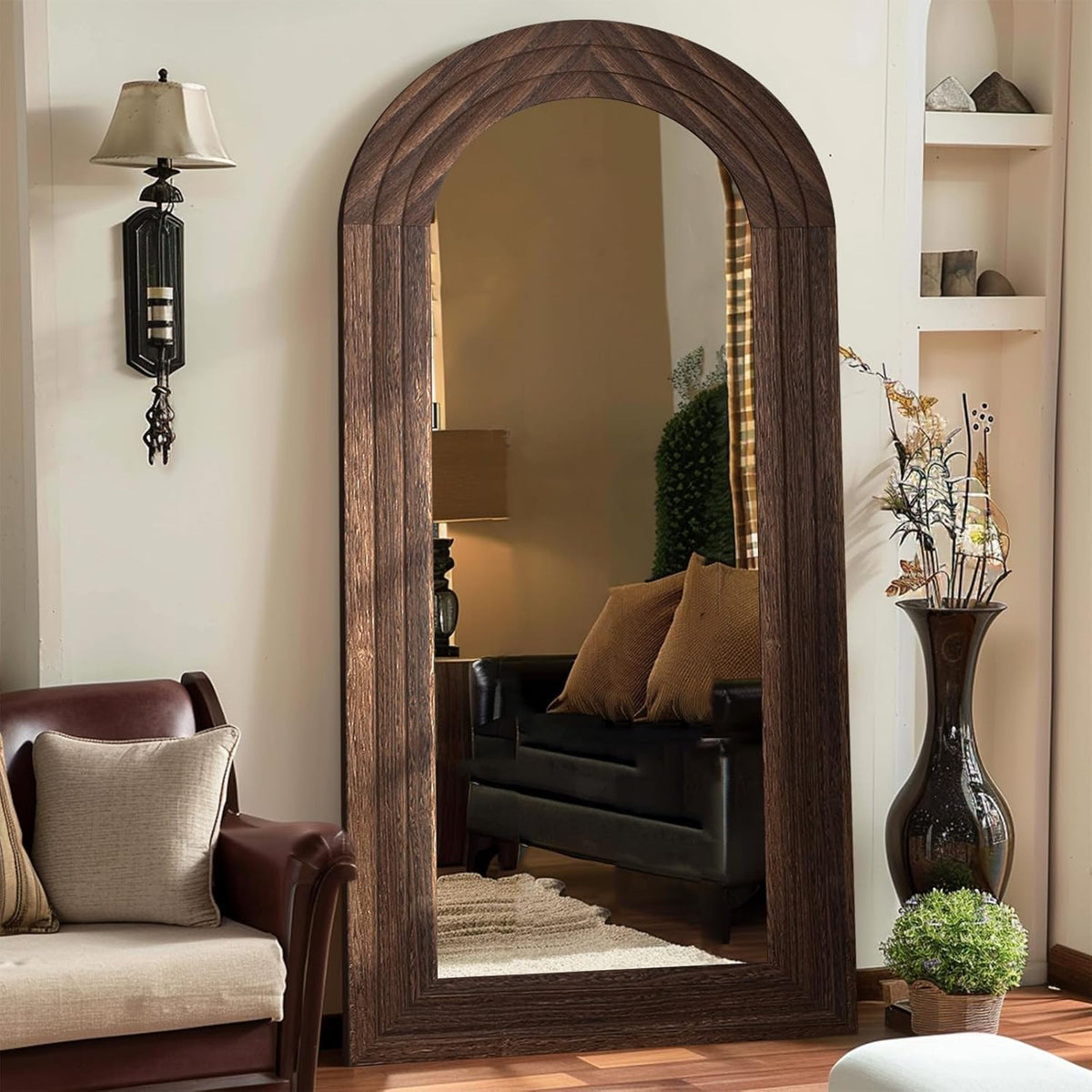 ZHUNFA Arched Full Length Mirror with Solid Wood Frame | 71x32 Farmhouse Wall Mounted Floor Mirror with Stand, Vertical Hanging, Leaning Standing for Bedroom, Living Room, Brown