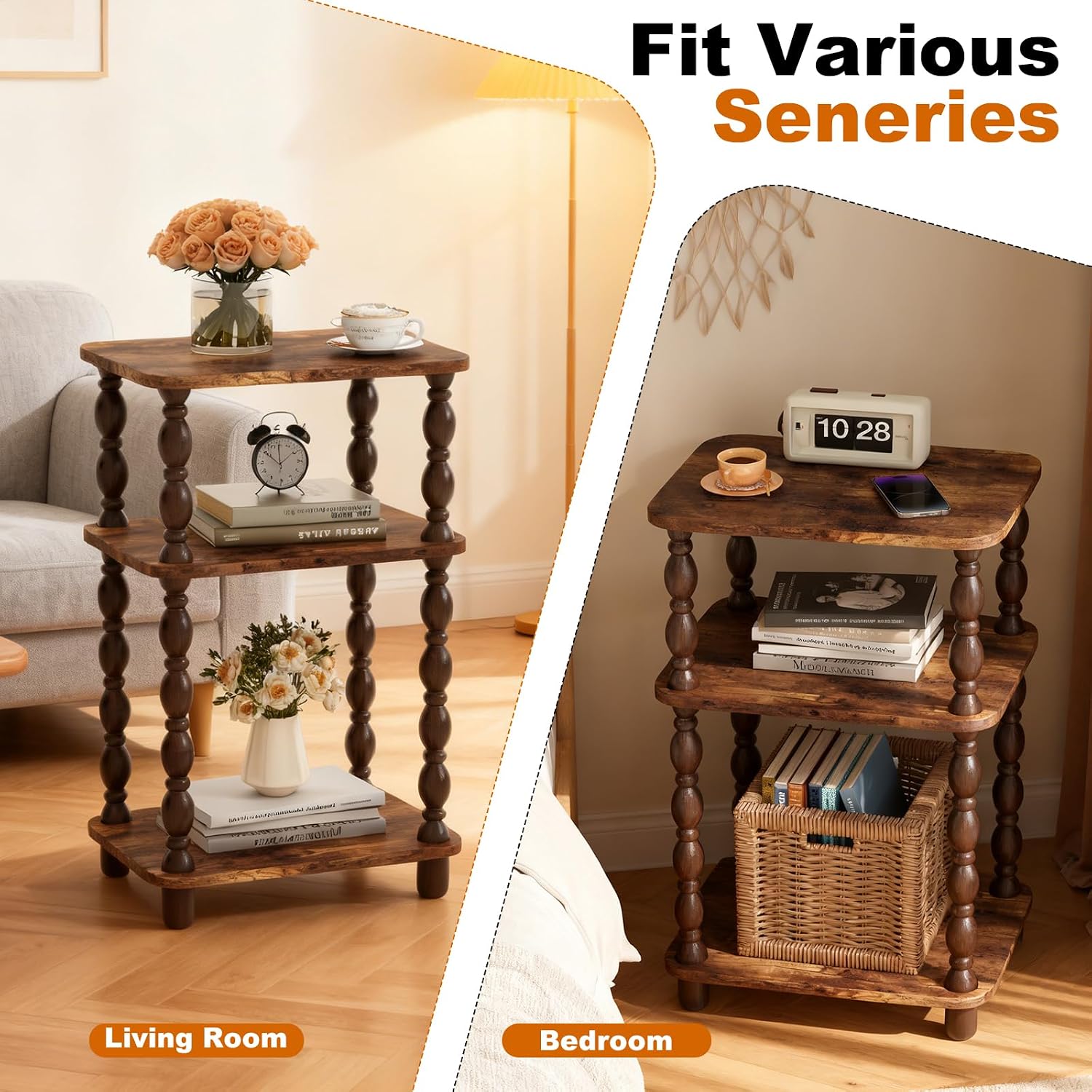Retro End Table, 3-Tier Small Side Table, Narrow Couch Side Table for Small Spaces, Farmhouse End Table, Modern Accent Table, Skinny Bedside Table Nightstand for Bedroom, Living Room (Rustic Brown)