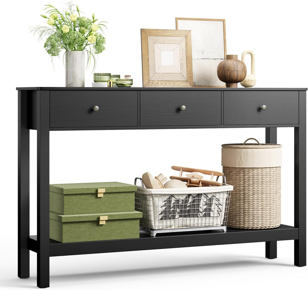 Gizoon 3 Drawer Wooden Sofa Table with Open Shelf | Modern Accent Console Table with Large Storage Space, for Living Room, Front Hall, Entrance Hall, Study Room, Black