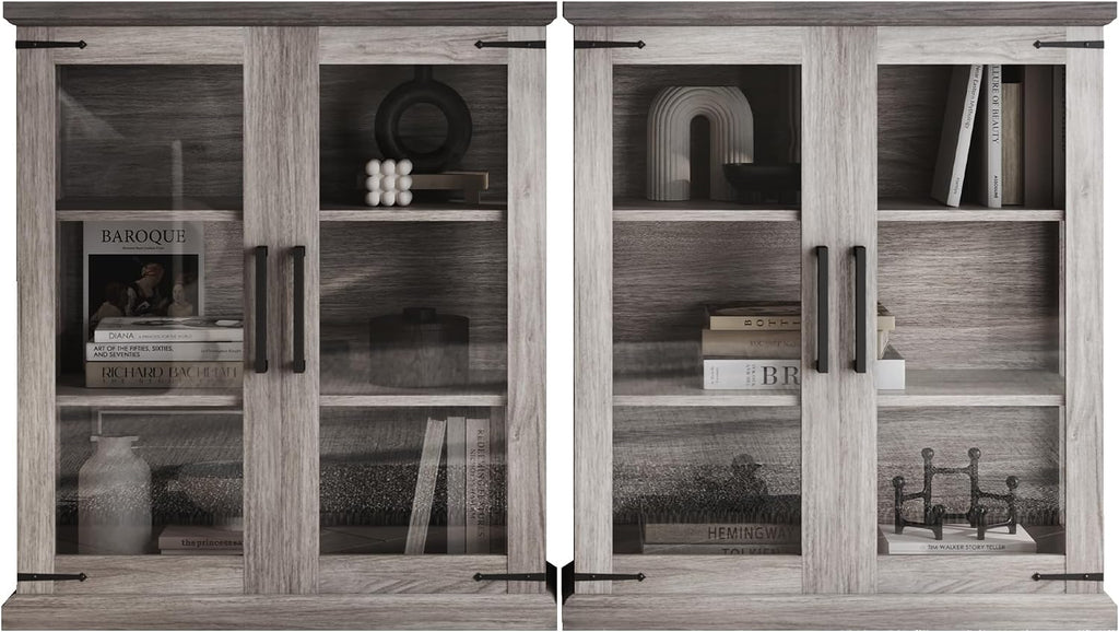 BELLEZE Set of 2 Glass Display Cabinet, 36" Tall Cabinet with Shelves and Glass Doors for Entryway, Living Room, Hallway, or Kitchen - Ashford (Gray Wash)