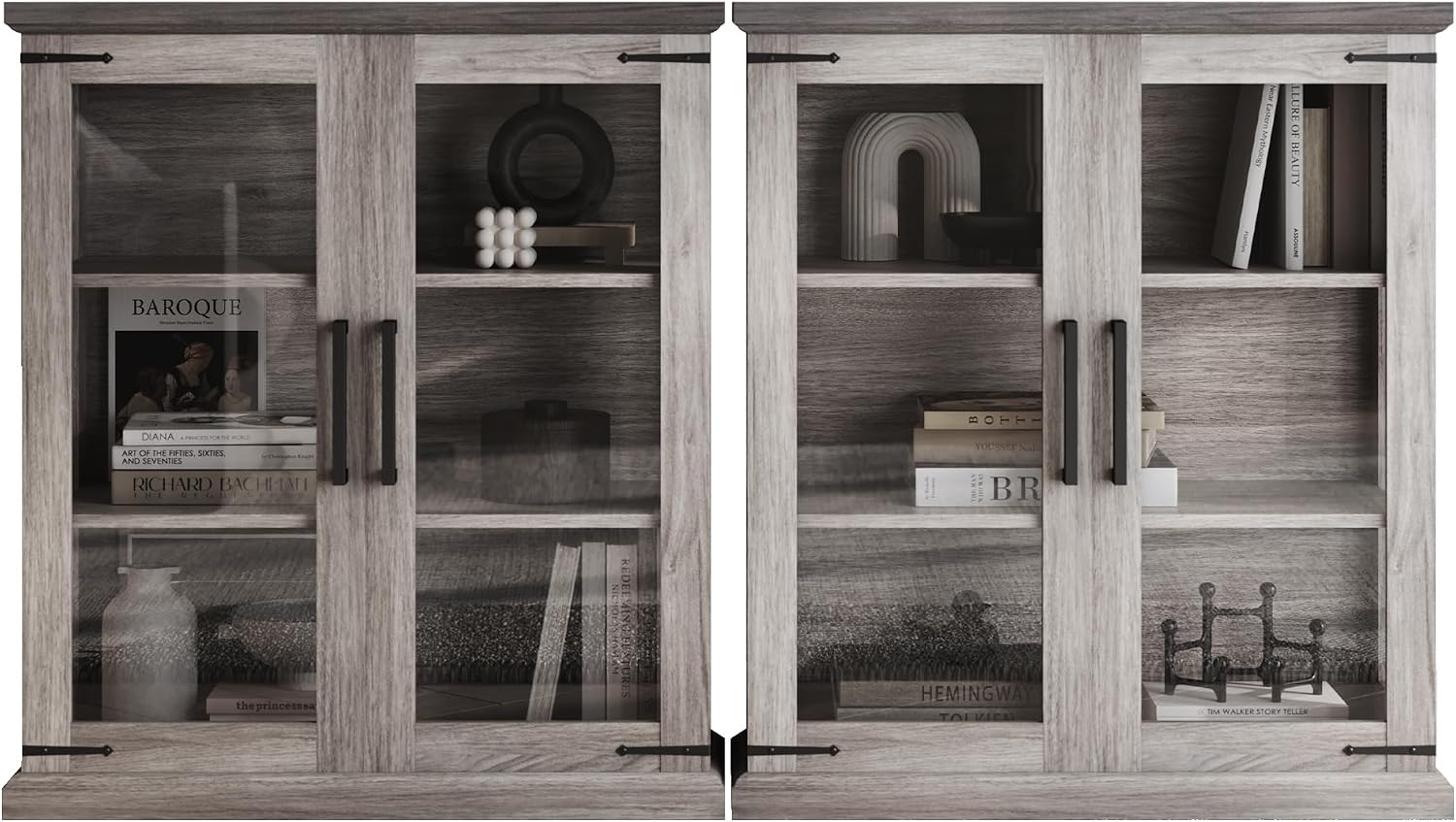 BELLEZE Set of 2 Glass Display Cabinet, 36" Tall Cabinet with Shelves and Glass Doors for Entryway, Living Room, Hallway, or Kitchen - Ashford (Gray Wash)