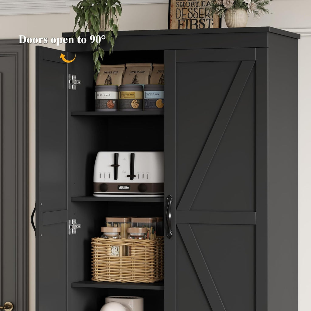 HOSTACK 70" Tall Kitchen Pantry Storage, Barn Doors Pantry Cabinet with Drawers and Adjustable Shelf, Modern Farmhouse Storage Cabinet for Kitchen, Dining Room, Living Room, Bathroom, Black
