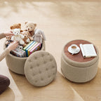 25" Round Ottoman with Storage, Small Coffee Table with Reversible Tray Lid | Tufted Fabric Round Storage Ottoman with Solid Wood Legs, 3-in-1 Footrest for Living Room, Bedroom, Entryway, Coffee