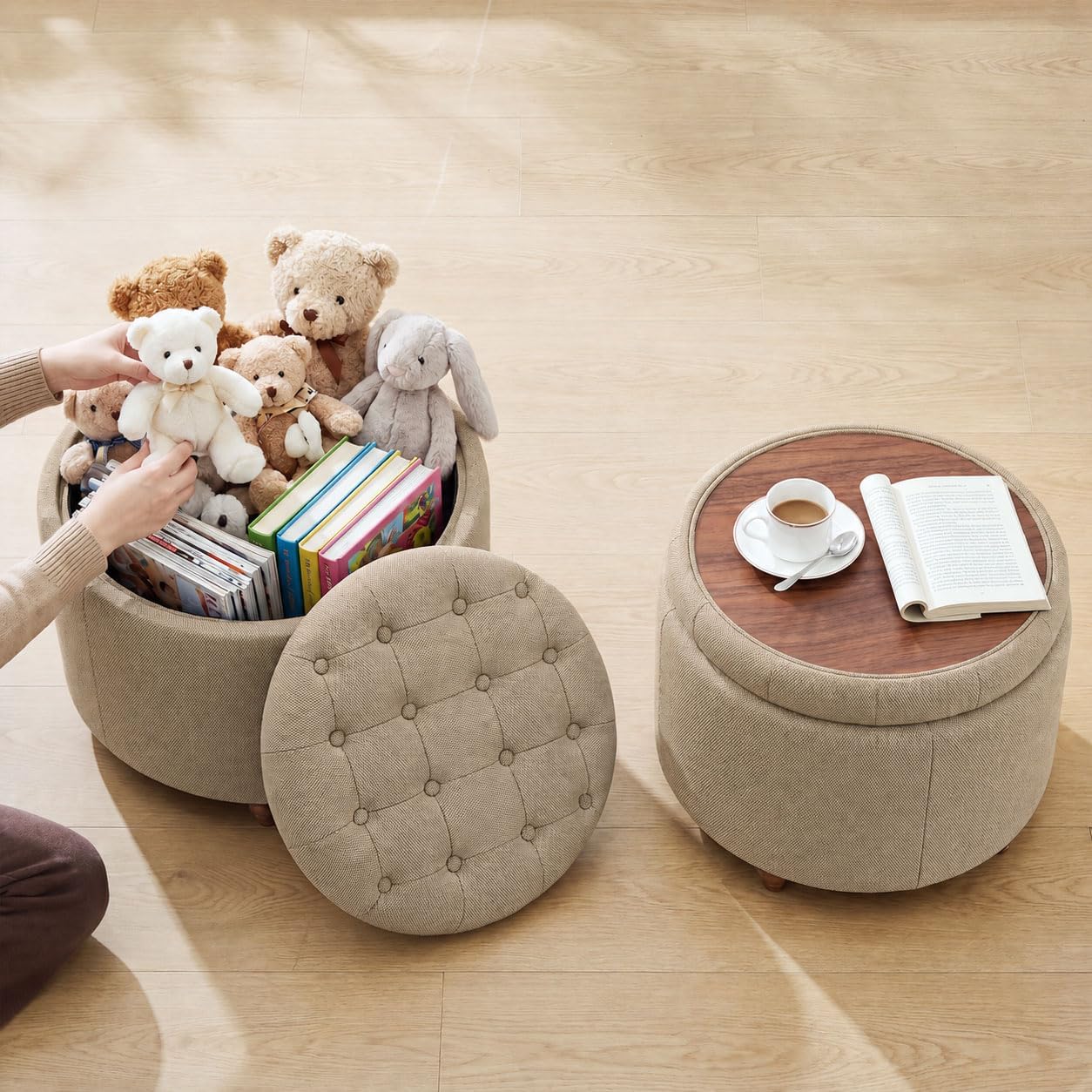 25" Round Ottoman with Storage, Small Coffee Table with Reversible Tray Lid | Tufted Fabric Round Storage Ottoman with Solid Wood Legs, 3-in-1 Footrest for Living Room, Bedroom, Entryway, Coffee